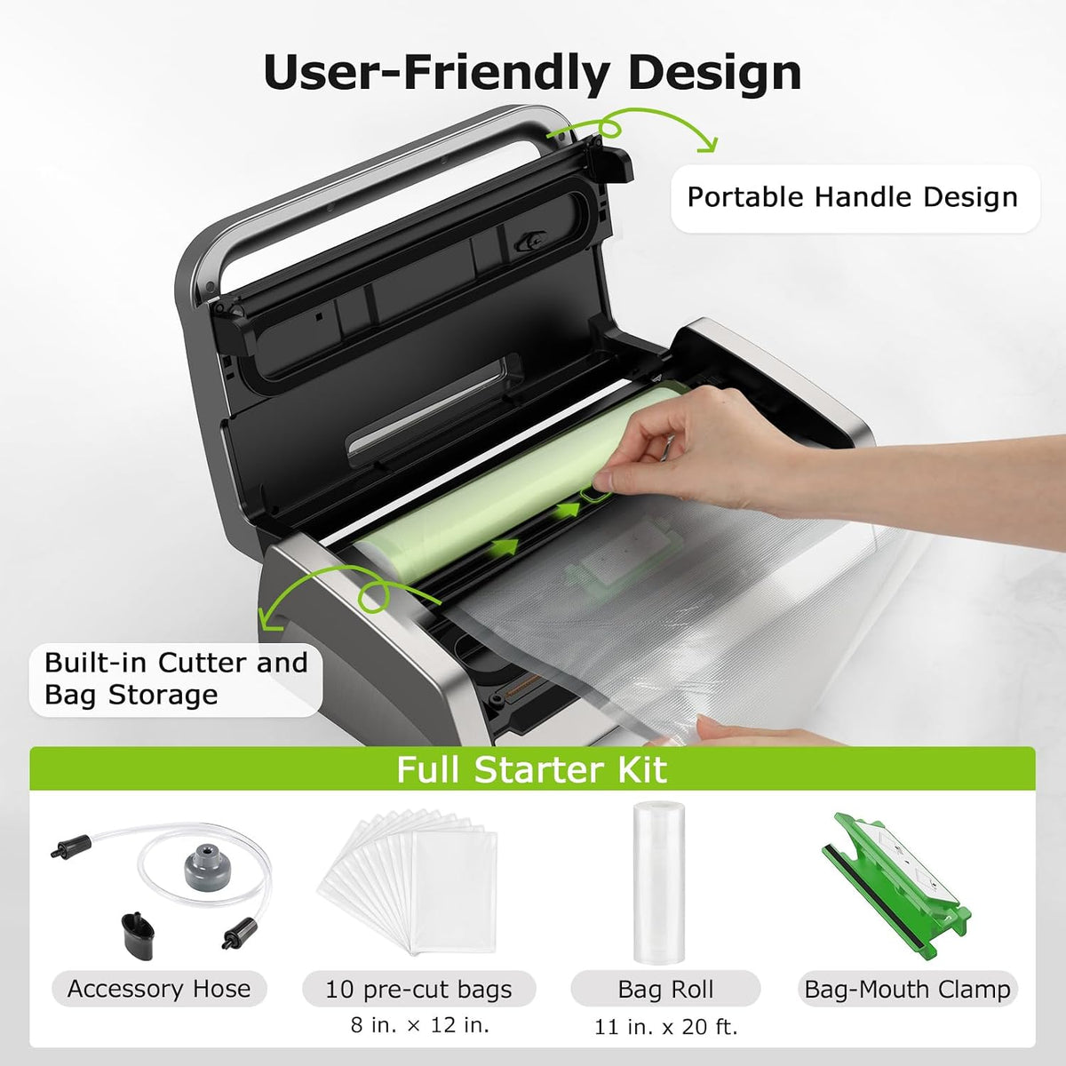 Vacuum Sealer with Easy Handle Design,1 Bag Roll & 10 Bags