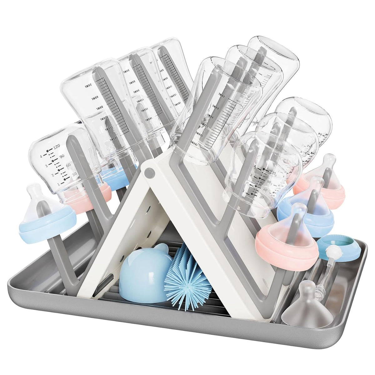 Large Baby Bottle Drying Rack, Space Saving Countertop Holder Organizer | 18 Hooks Slope Travel Bottle Dryer with Removable Drip Tray for Bottles & Baby Brushes Pacifiers and Pump Part-BPA Free
