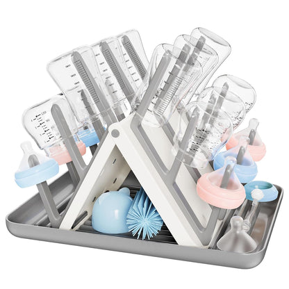 Large Baby Bottle Drying Rack, Space Saving Countertop Holder Organizer | 18 Hooks Slope Travel Bottle Dryer with Removable Drip Tray for Bottles & Baby Brushes Pacifiers and Pump Part-BPA Free