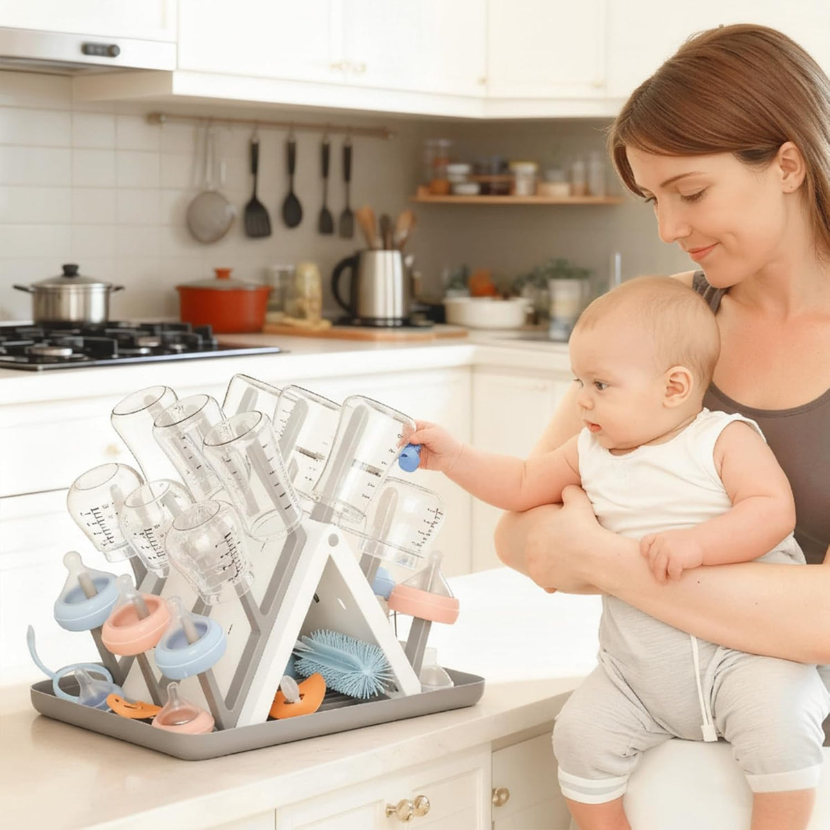Large Baby Bottle Drying Rack, Space Saving Countertop Holder Organizer | 18 Hooks Slope Travel Bottle Dryer with Removable Drip Tray for Bottles & Baby Brushes Pacifiers and Pump Part-BPA Free