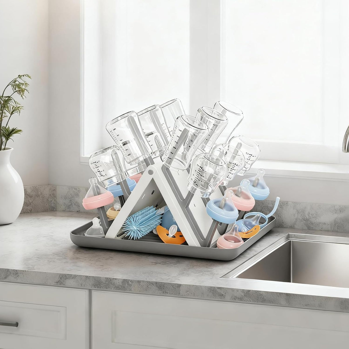 Large Baby Bottle Drying Rack, Space Saving Countertop Holder Organizer | 18 Hooks Slope Travel Bottle Dryer with Removable Drip Tray for Bottles & Baby Brushes Pacifiers and Pump Part-BPA Free
