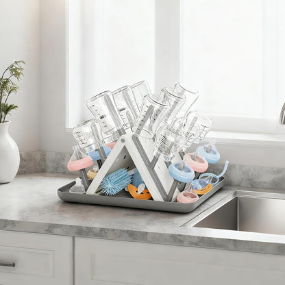 Large Baby Bottle Drying Rack, Space Saving Countertop Holder Organizer | 18 Hooks Slope Travel Bottle Dryer with Removable Drip Tray for Bottles & Baby Brushes Pacifiers and Pump Part-BPA Free