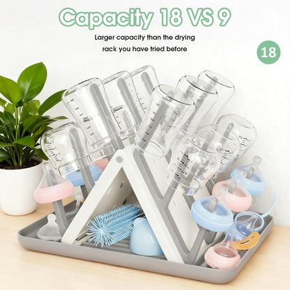 Large Baby Bottle Drying Rack, Space Saving Countertop Holder Organizer | 18 Hooks Slope Travel Bottle Dryer with Removable Drip Tray for Bottles & Baby Brushes Pacifiers and Pump Part-BPA Free