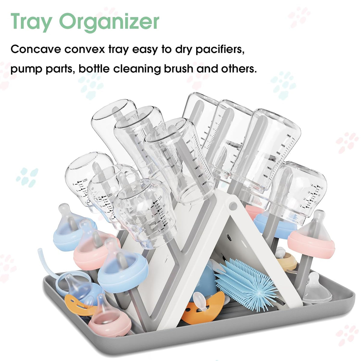 Large Baby Bottle Drying Rack, Space Saving Countertop Holder Organizer | 18 Hooks Slope Travel Bottle Dryer with Removable Drip Tray for Bottles & Baby Brushes Pacifiers and Pump Part-BPA Free