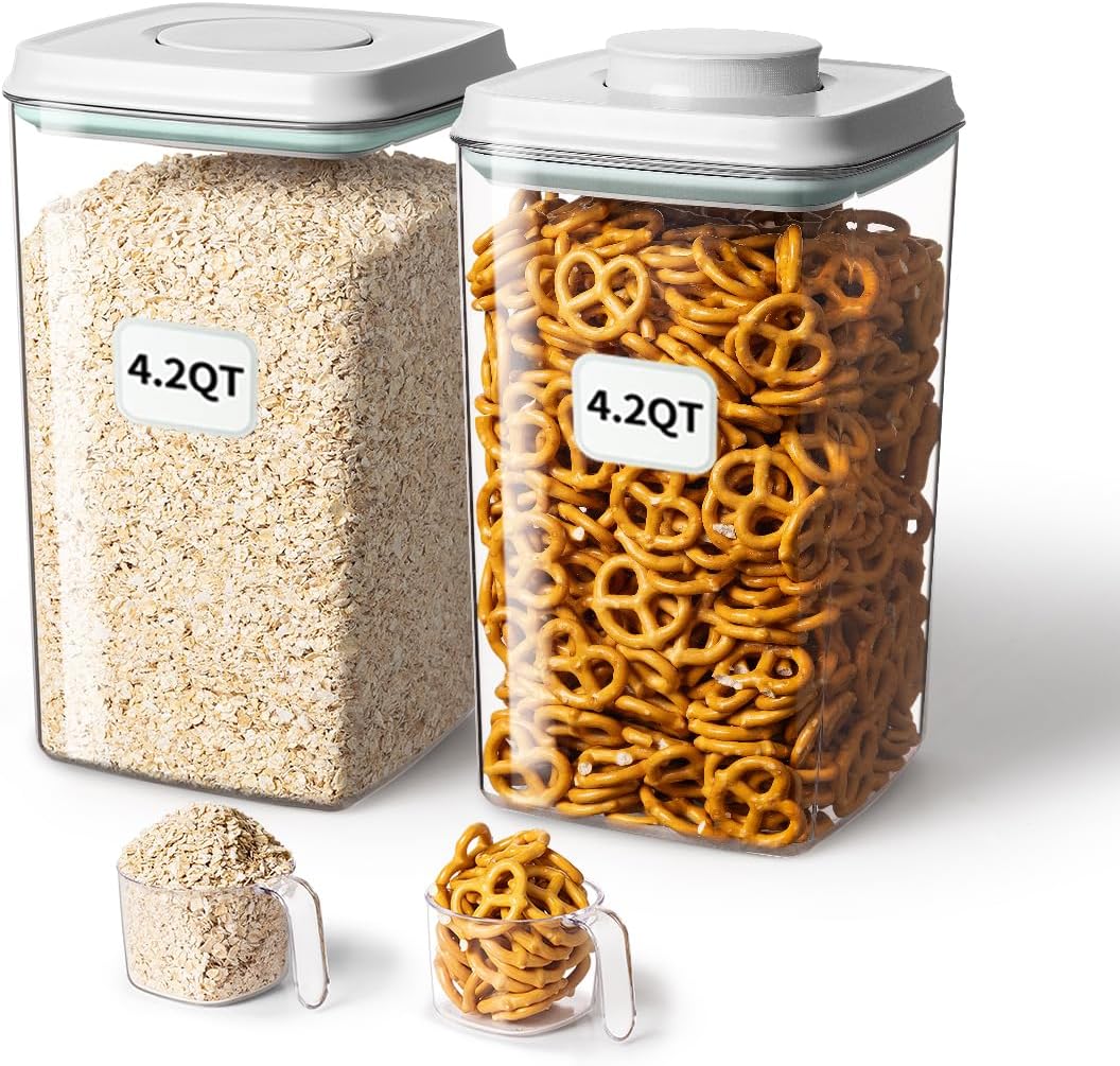 Airtight Pop Food Storage Container with Lid & 130ml Scoop, 4L/4.2qt BPA-Free Cereal, Rice, Flour, Pasta & Snack Container, Stackable & Durable,Kitchen Pantry Organizer