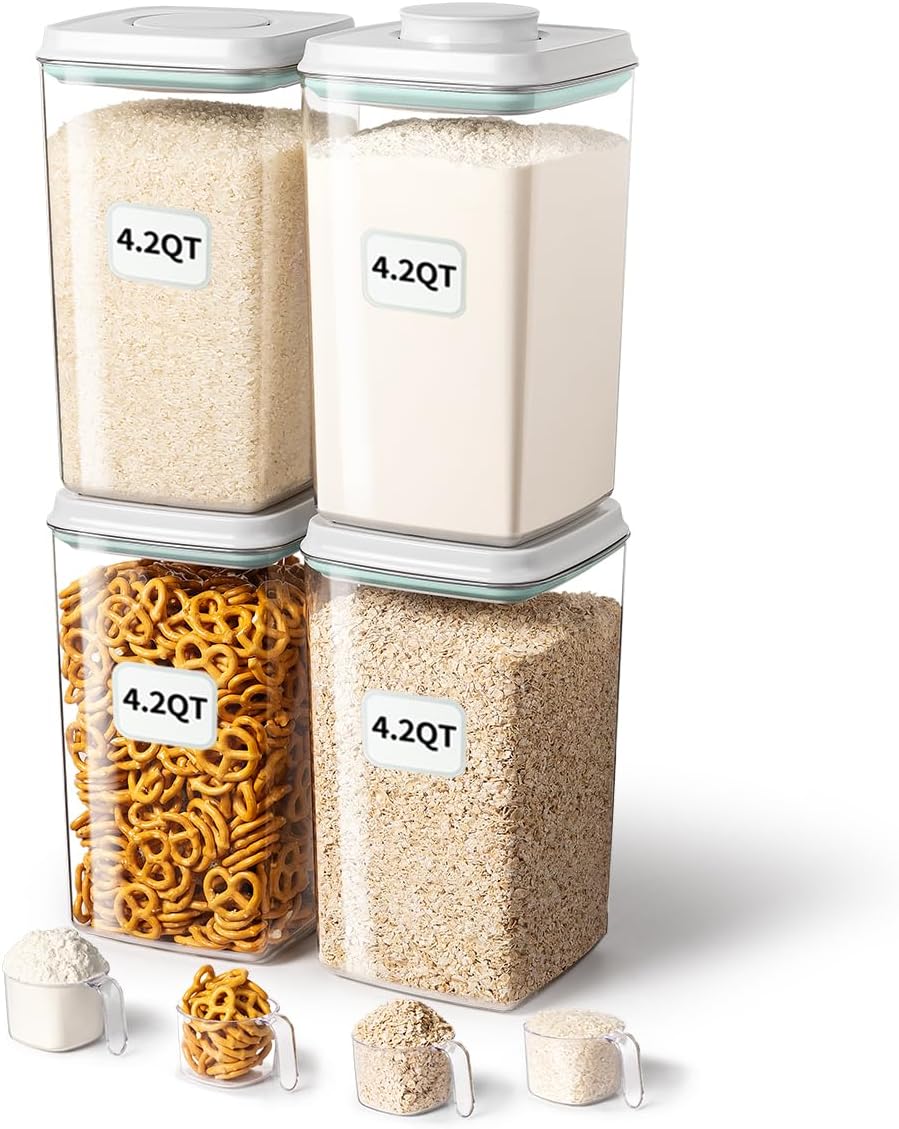 Airtight Pop Food Storage Container with Lid & 130ml Scoop, 4L/4.2qt BPA-Free Cereal, Rice, Flour, Pasta & Snack Container, Stackable & Durable,Kitchen Pantry Organizer
