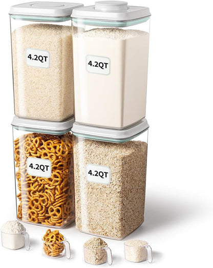 Airtight Pop Food Storage Container with Lid & 130ml Scoop, 4L/4.2qt BPA-Free Cereal, Rice, Flour, Pasta & Snack Container, Stackable & Durable,Kitchen Pantry Organizer