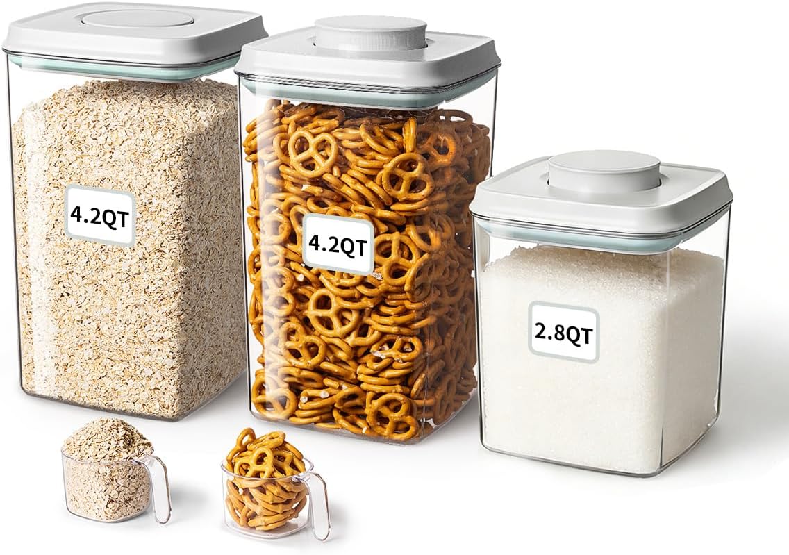 Airtight Pop Food Storage Container with Lid & 130ml Scoop, 4L/4.2qt BPA-Free Cereal, Rice, Flour, Pasta & Snack Container, Stackable & Durable,Kitchen Pantry Organizer