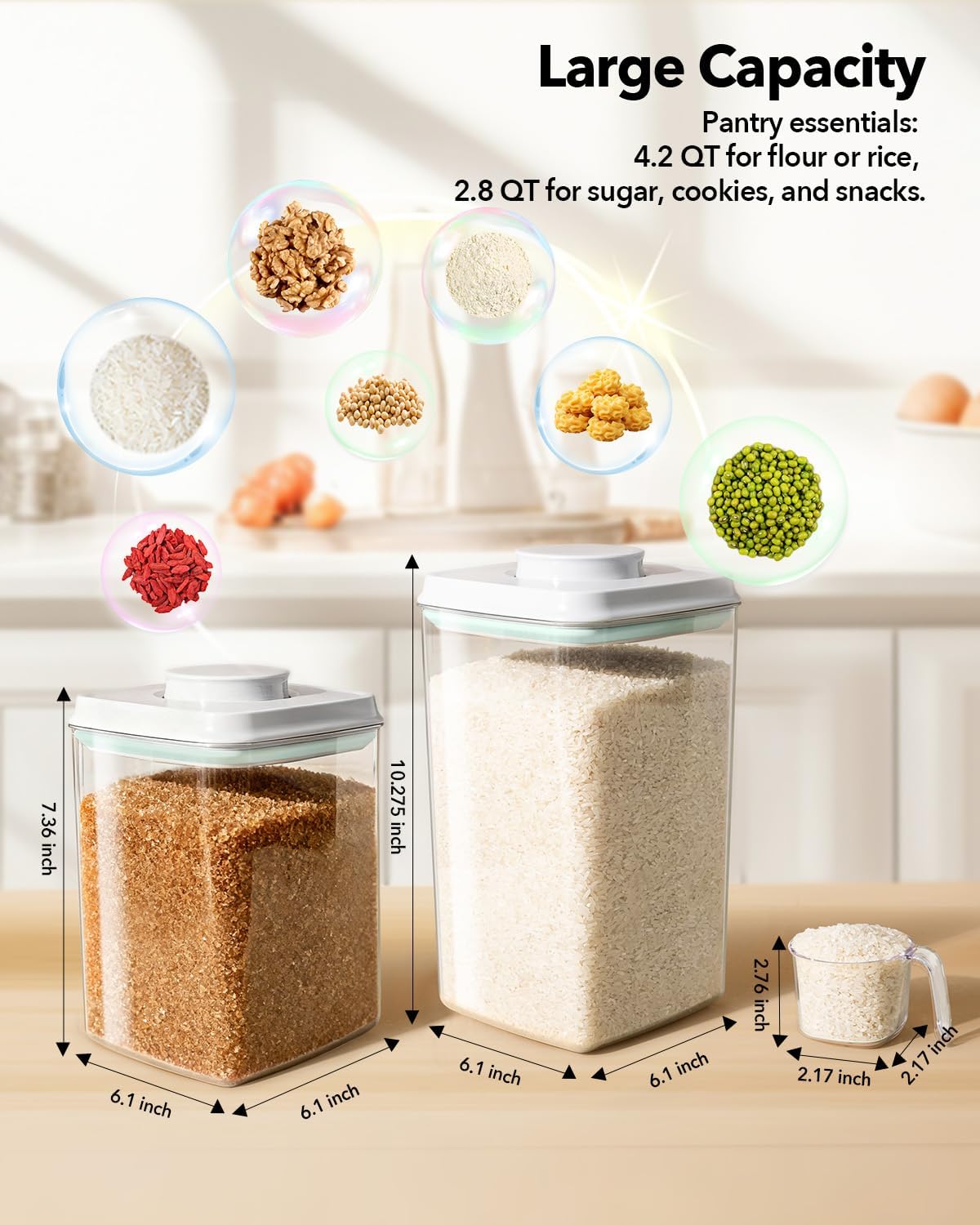 Airtight Pop Food Storage Container with Lid & 130ml Scoop, 4L/4.2qt BPA-Free Cereal, Rice, Flour, Pasta & Snack Container, Stackable & Durable,Kitchen Pantry Organizer