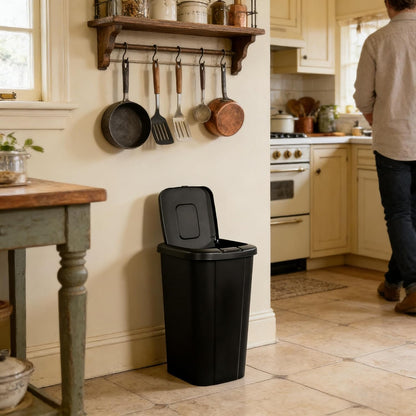 13.3 Gallon Trash Can, Touch Top Push Button Lid, Black Durable Plastic