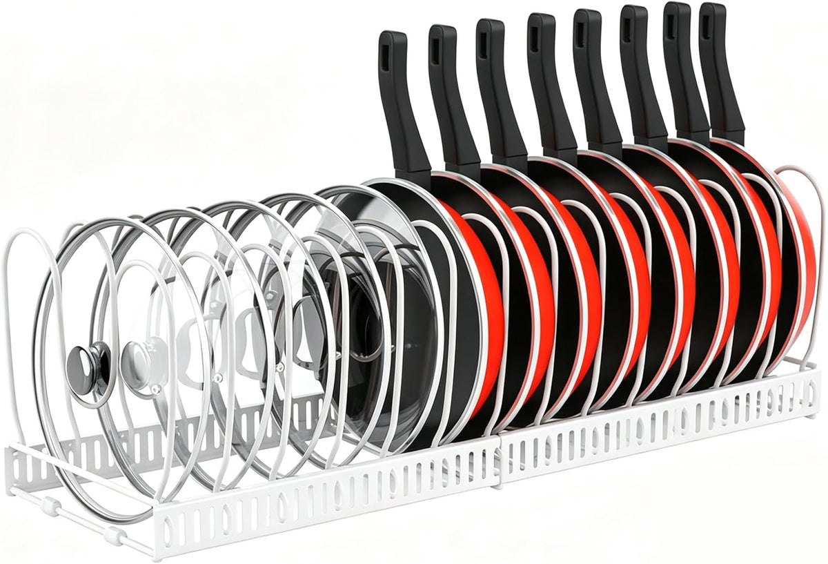 Expandable Pot and Pan Organizer for Cabinet, 14 Adjustable Dividers, Versatile Pan Holder Storage Rack, Extends from 12'' to 23'', Fits Cabinets, Countertops, or Under Sink, White, Iron