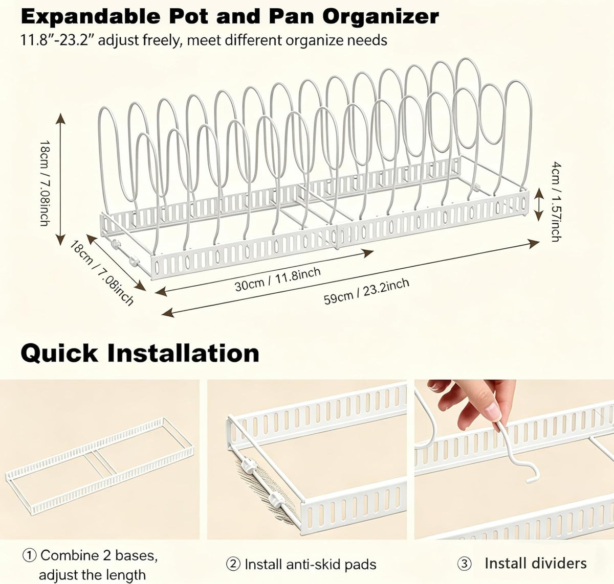 Expandable Pot and Pan Organizer for Cabinet, 14 Adjustable Dividers, Versatile Pan Holder Storage Rack, Extends from 12'' to 23'', Fits Cabinets, Countertops, or Under Sink, White, Iron