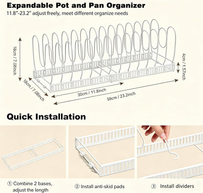 Expandable Pot and Pan Organizer for Cabinet, 14 Adjustable Dividers, Versatile Pan Holder Storage Rack, Extends from 12'' to 23'', Fits Cabinets, Countertops, or Under Sink, White, Iron