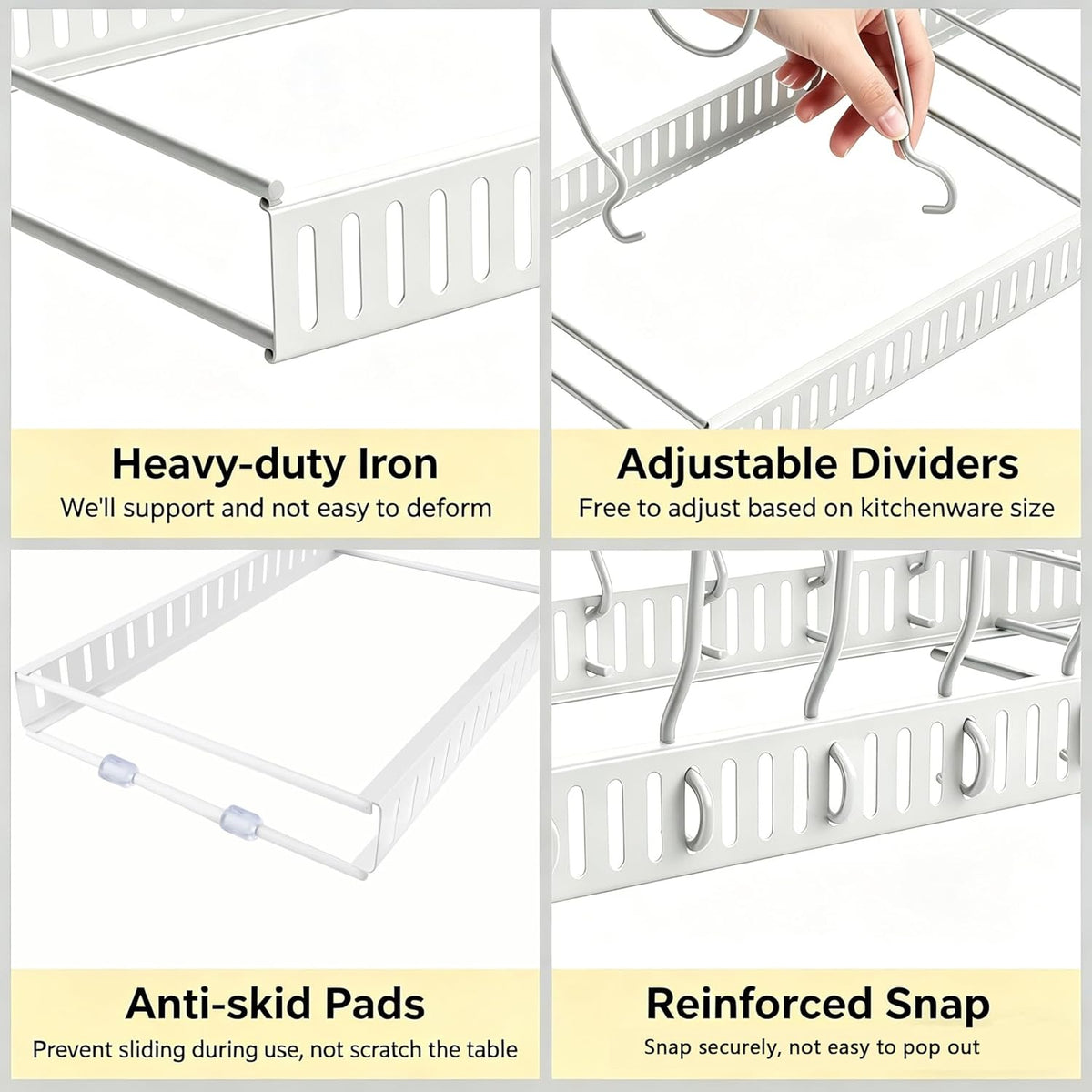 Expandable Pot and Pan Organizer for Cabinet, 14 Adjustable Dividers, Versatile Pan Holder Storage Rack, Extends from 12'' to 23'', Fits Cabinets, Countertops, or Under Sink, White, Iron