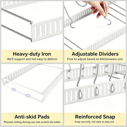 Expandable Pot and Pan Organizer for Cabinet, 14 Adjustable Dividers, Versatile Pan Holder Storage Rack, Extends from 12'' to 23'', Fits Cabinets, Countertops, or Under Sink, White, Iron