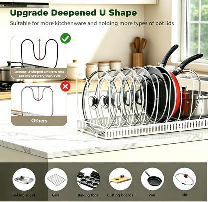 Expandable Pot and Pan Organizer for Cabinet, 14 Adjustable Dividers, Versatile Pan Holder Storage Rack, Extends from 12'' to 23'', Fits Cabinets, Countertops, or Under Sink, White, Iron