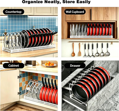 Expandable Pot and Pan Organizer for Cabinet, 14 Adjustable Dividers, Versatile Pan Holder Storage Rack, Extends from 12'' to 23'', Fits Cabinets, Countertops, or Under Sink, White, Iron
