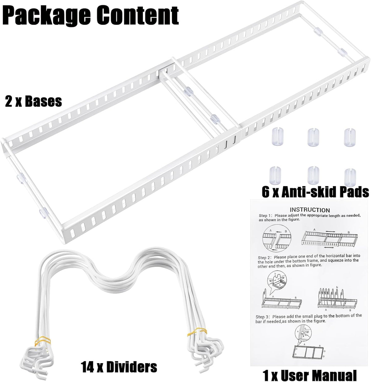 Expandable Pot and Pan Organizer for Cabinet, 14 Adjustable Dividers, Versatile Pan Holder Storage Rack, Extends from 12'' to 23'', Fits Cabinets, Countertops, or Under Sink, White, Iron