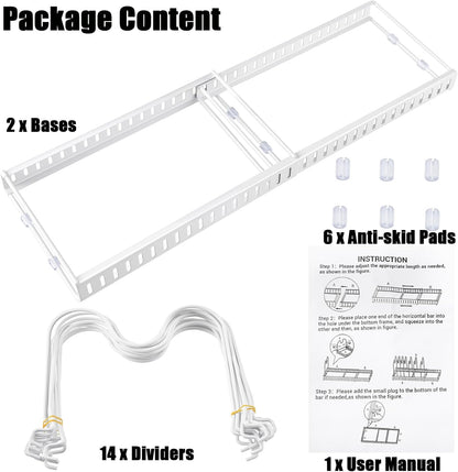 Expandable Pot and Pan Organizer for Cabinet, 14 Adjustable Dividers, Versatile Pan Holder Storage Rack, Extends from 12'' to 23'', Fits Cabinets, Countertops, or Under Sink, White, Iron