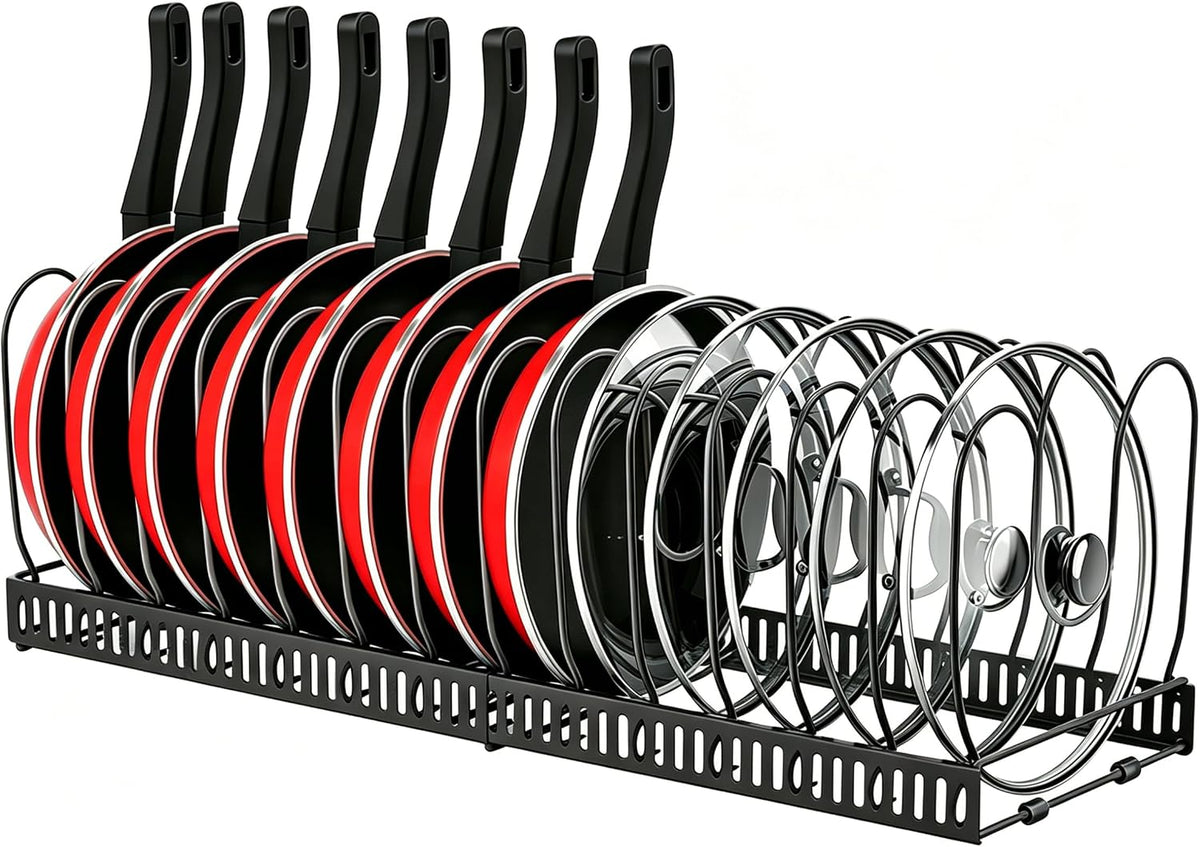 Expandable Pot and Pan Organizer for Cabinet, 14 Adjustable Dividers, Versatile Pan Holder Storage Rack, Extends from 12'' to 23'', Fits Cabinets, Countertops, or Under Sink, White, Iron