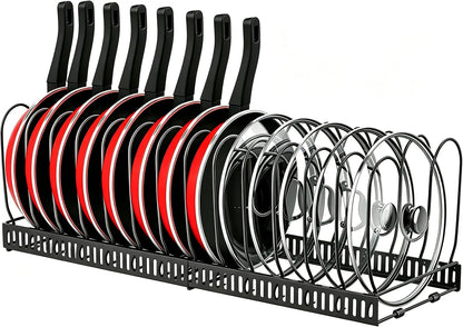 Expandable Pot and Pan Organizer for Cabinet, 14 Adjustable Dividers, Versatile Pan Holder Storage Rack, Extends from 12'' to 23'', Fits Cabinets, Countertops, or Under Sink, White, Iron