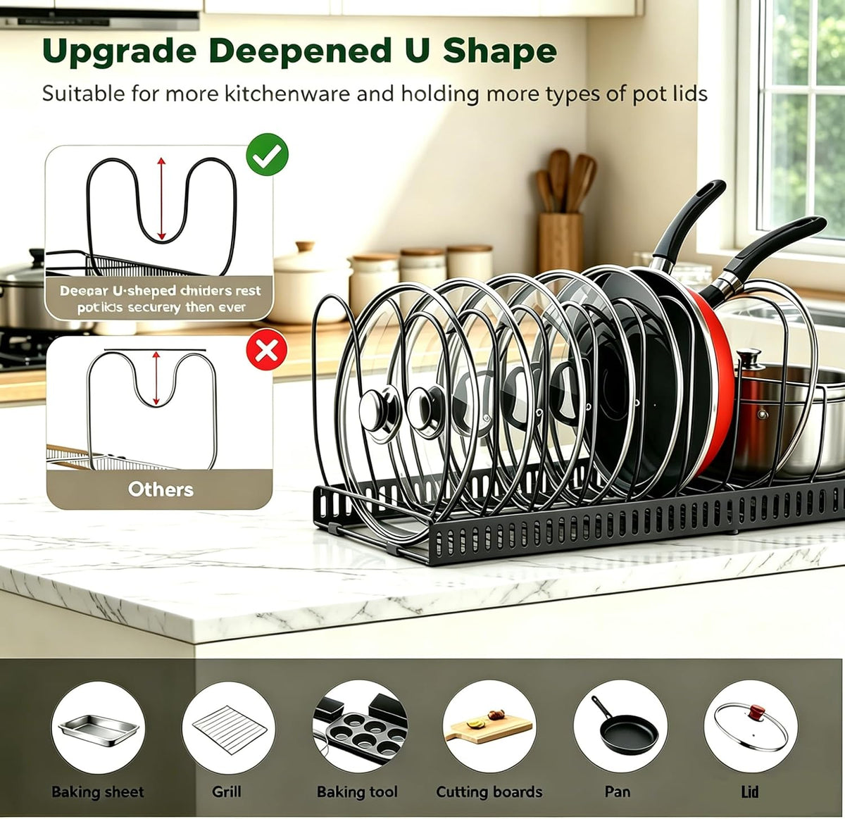 Expandable Pot and Pan Organizer for Cabinet, 14 Adjustable Dividers, Versatile Pan Holder Storage Rack, Extends from 12'' to 23'', Fits Cabinets, Countertops, or Under Sink, White, Iron