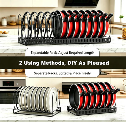 Expandable Pot and Pan Organizer for Cabinet, 14 Adjustable Dividers, Versatile Pan Holder Storage Rack, Extends from 12'' to 23'', Fits Cabinets, Countertops, or Under Sink, White, Iron