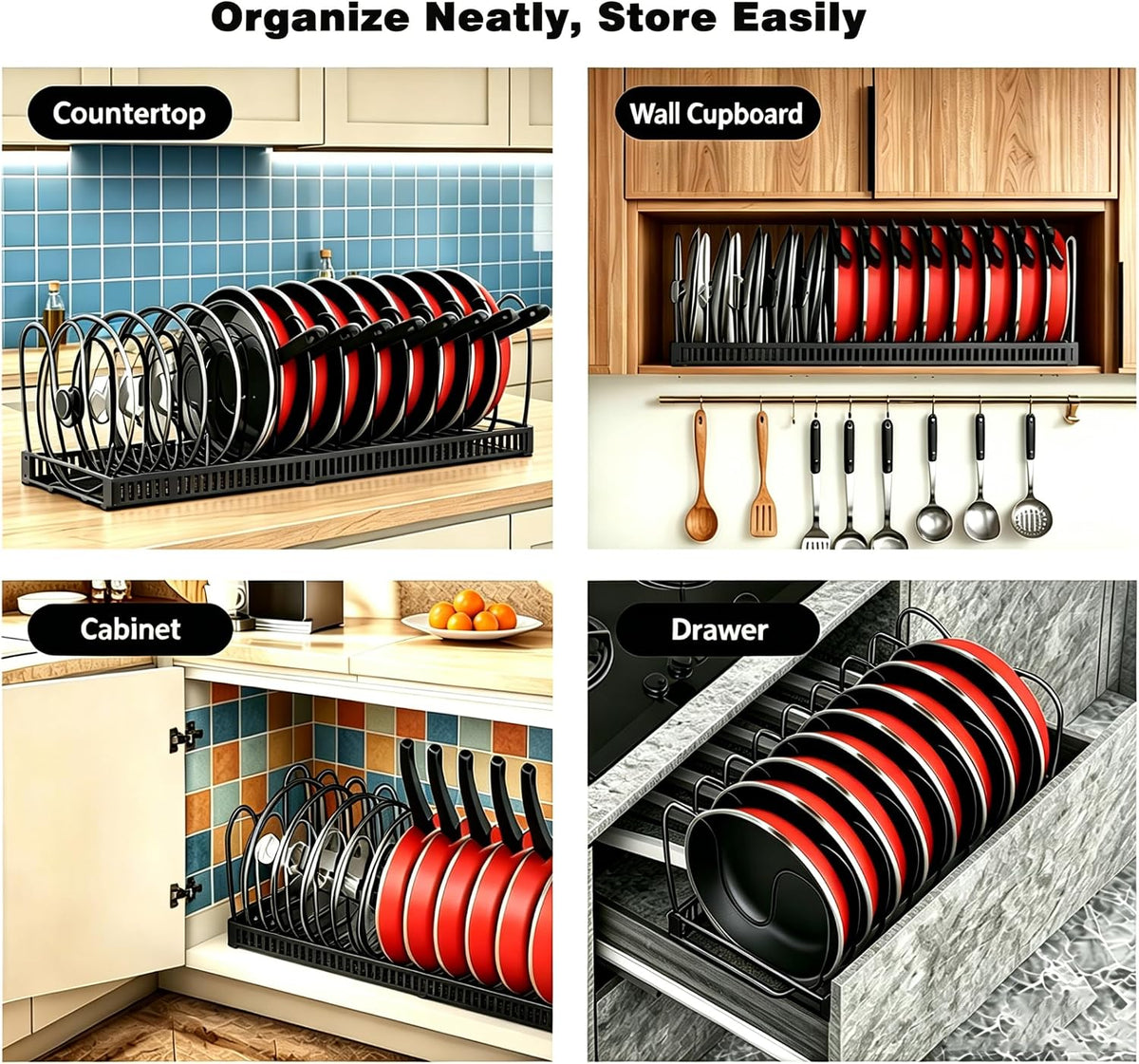 Expandable Pot and Pan Organizer for Cabinet, 14 Adjustable Dividers, Versatile Pan Holder Storage Rack, Extends from 12'' to 23'', Fits Cabinets, Countertops, or Under Sink, White, Iron