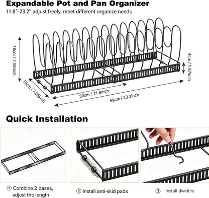 Expandable Pot and Pan Organizer for Cabinet, 14 Adjustable Dividers, Versatile Pan Holder Storage Rack, Extends from 12'' to 23'', Fits Cabinets, Countertops, or Under Sink, White, Iron