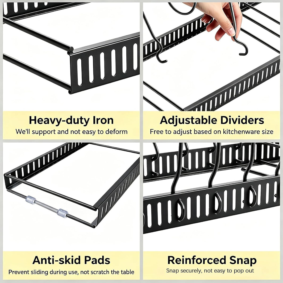 Expandable Pot and Pan Organizer for Cabinet, 14 Adjustable Dividers, Versatile Pan Holder Storage Rack, Extends from 12'' to 23'', Fits Cabinets, Countertops, or Under Sink, White, Iron