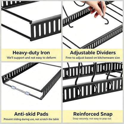 Expandable Pot and Pan Organizer for Cabinet, 14 Adjustable Dividers, Versatile Pan Holder Storage Rack, Extends from 12'' to 23'', Fits Cabinets, Countertops, or Under Sink, White, Iron