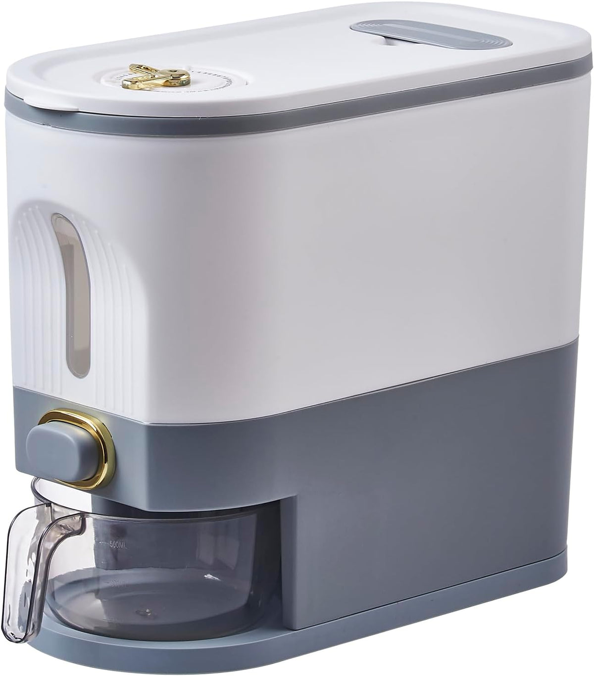 11 Lbs Rice Container with Measuring Cup, White and Grey | Large Grain Container Storage, With Lid, For Rice, Corn, Cereal,Grain,Soybean & Oatmeal Measuring Cylinder, Moisture Proof