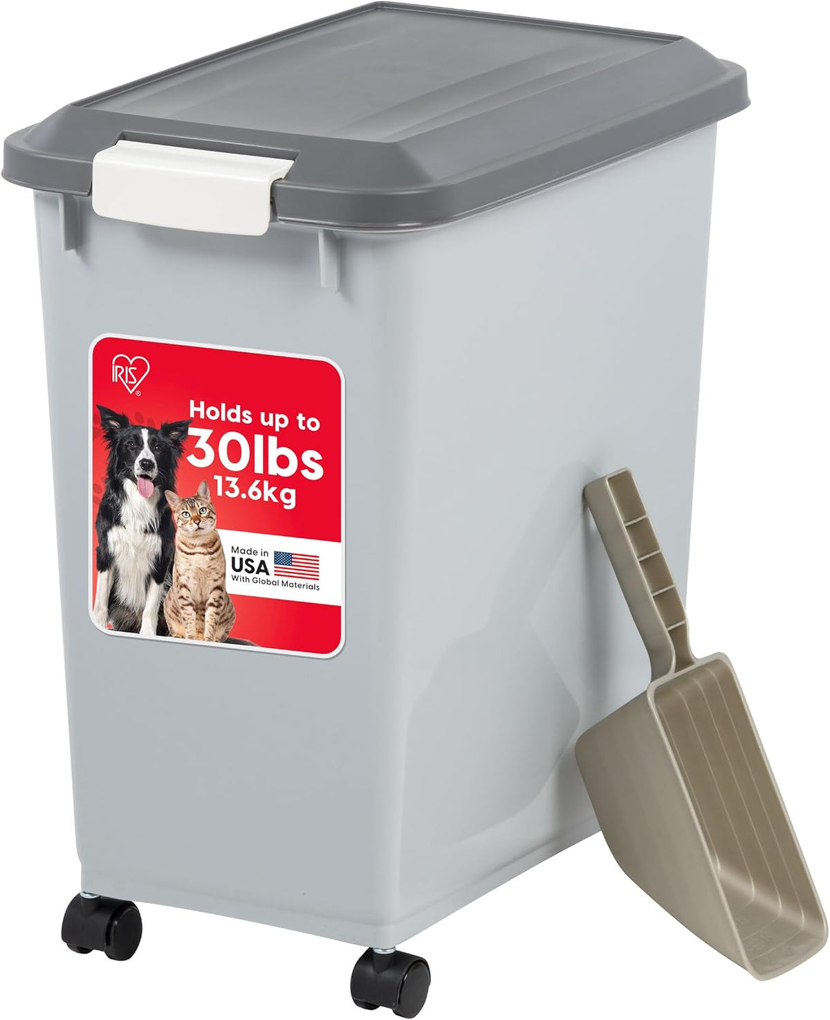 Dog Food Storage Container, Up to 30 lbs, Gray/Dark Gray | Made in the USA, Comes w/ Wheels & 2-Cup Scoop, Airtight Seal, BPA-Free, Kibbles, Bird Seed, Cat food, Cat Litter, Pellets