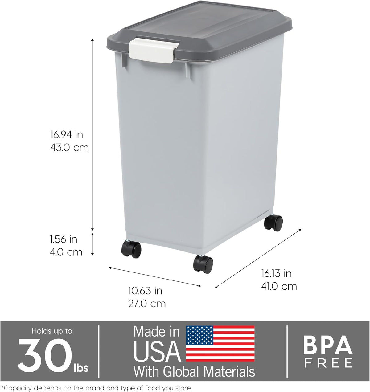 Dog Food Storage Container, Up to 30 lbs, Gray/Dark Gray | Made in the USA, Comes w/ Wheels & 2-Cup Scoop, Airtight Seal, BPA-Free, Kibbles, Bird Seed, Cat food, Cat Litter, Pellets