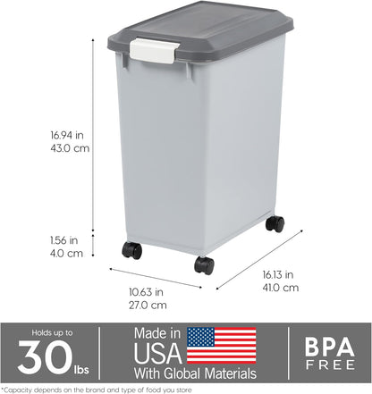 Dog Food Storage Container, Up to 30 lbs, Gray/Dark Gray | Made in the USA, Comes w/ Wheels & 2-Cup Scoop, Airtight Seal, BPA-Free, Kibbles, Bird Seed, Cat food, Cat Litter, Pellets
