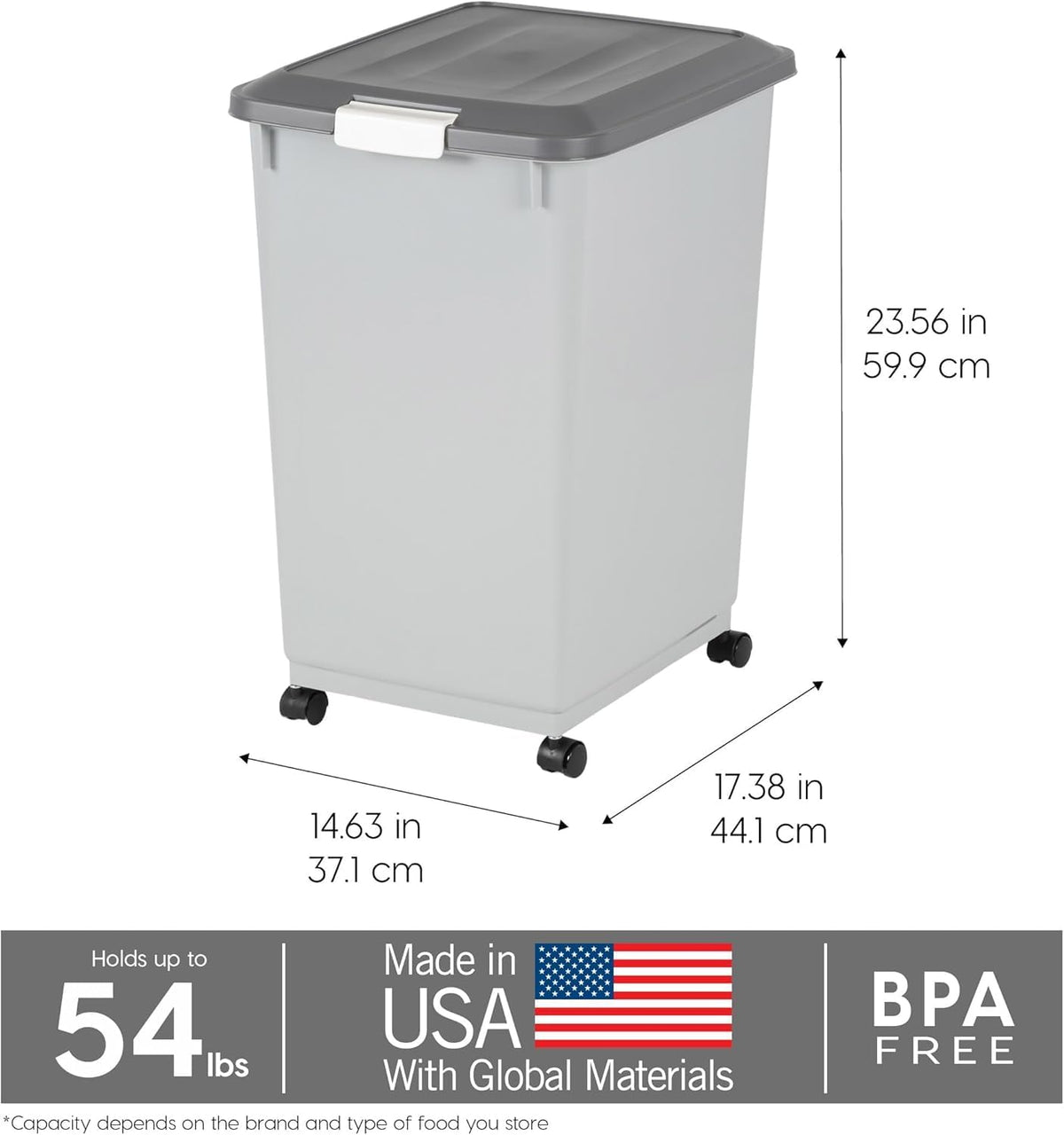 Dog Food Storage Container, Up to 30 lbs, Gray/Dark Gray | Made in the USA, Comes w/ Wheels & 2-Cup Scoop, Airtight Seal, BPA-Free, Kibbles, Bird Seed, Cat food, Cat Litter, Pellets