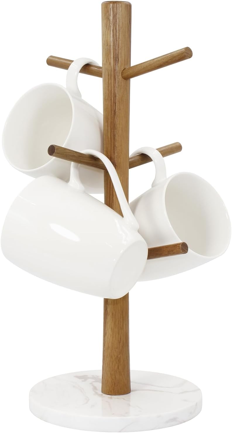 Buruis Acacia Wood Mug Holder with Marble Base, 6 Hook Mug Tree, White