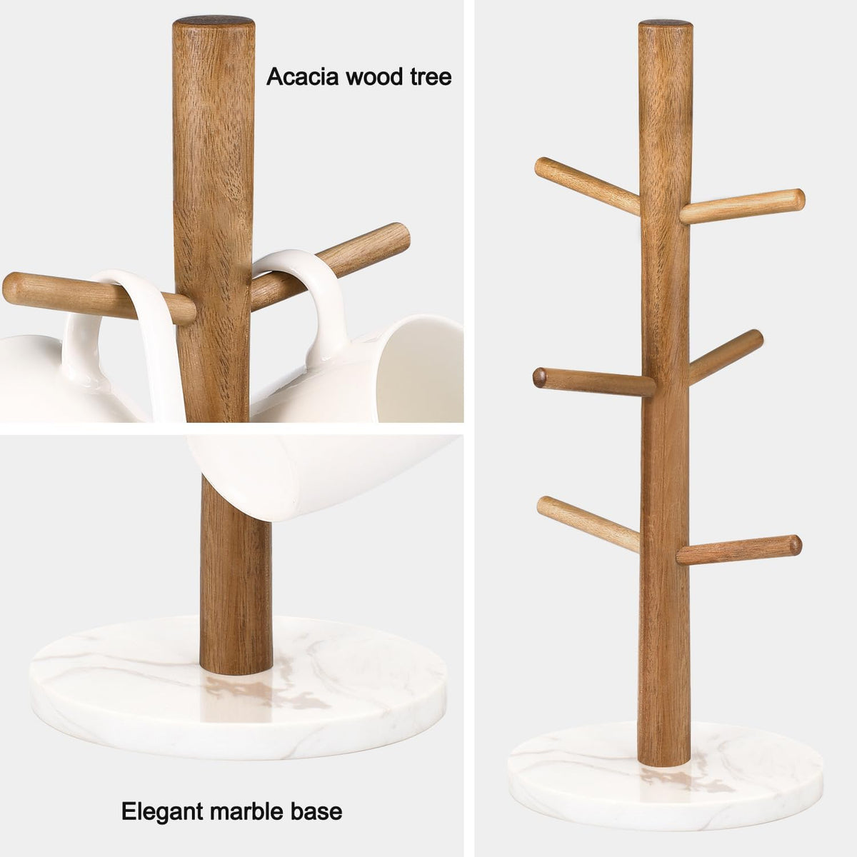 Buruis Acacia Wood Mug Holder with Marble Base, 6 Hook Mug Tree, White