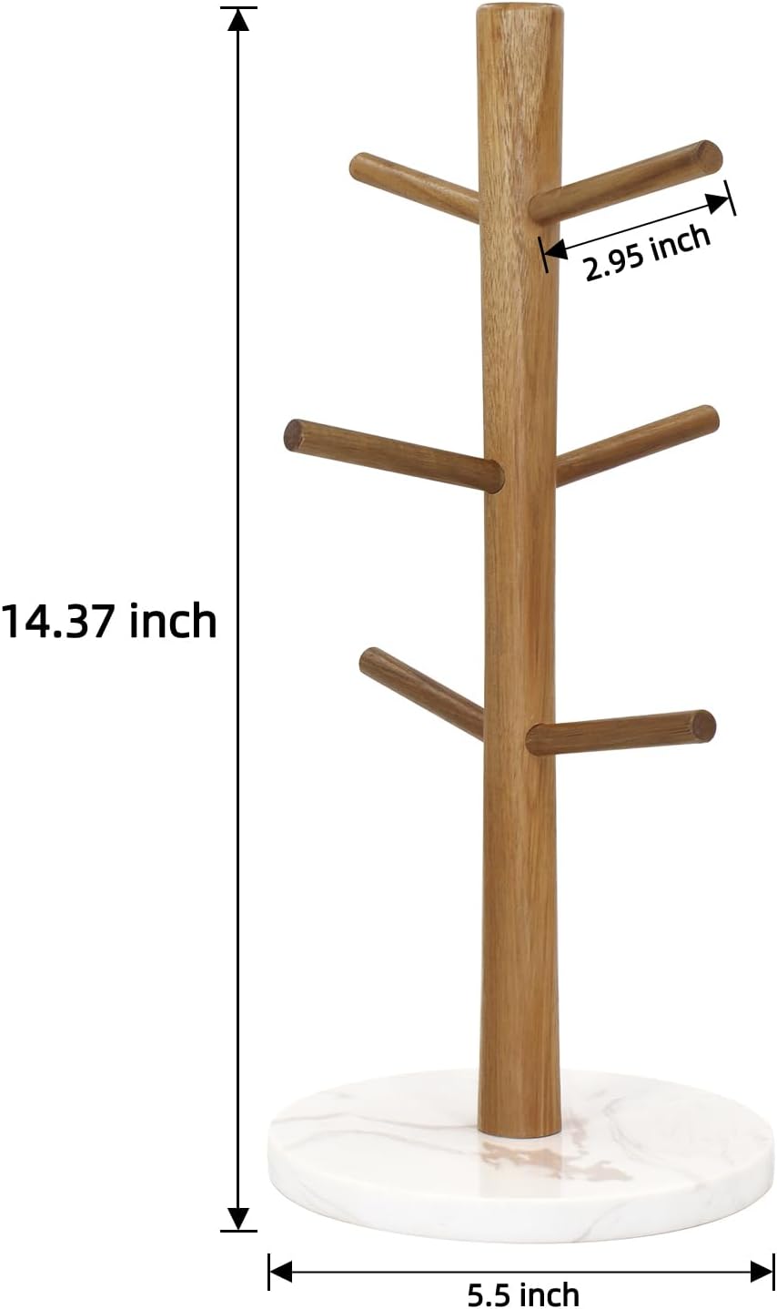 Buruis Acacia Wood Mug Holder with Marble Base, 6 Hook Mug Tree, White
