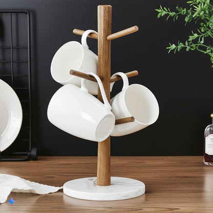 Buruis Acacia Wood Mug Holder with Marble Base, 6 Hook Mug Tree, White