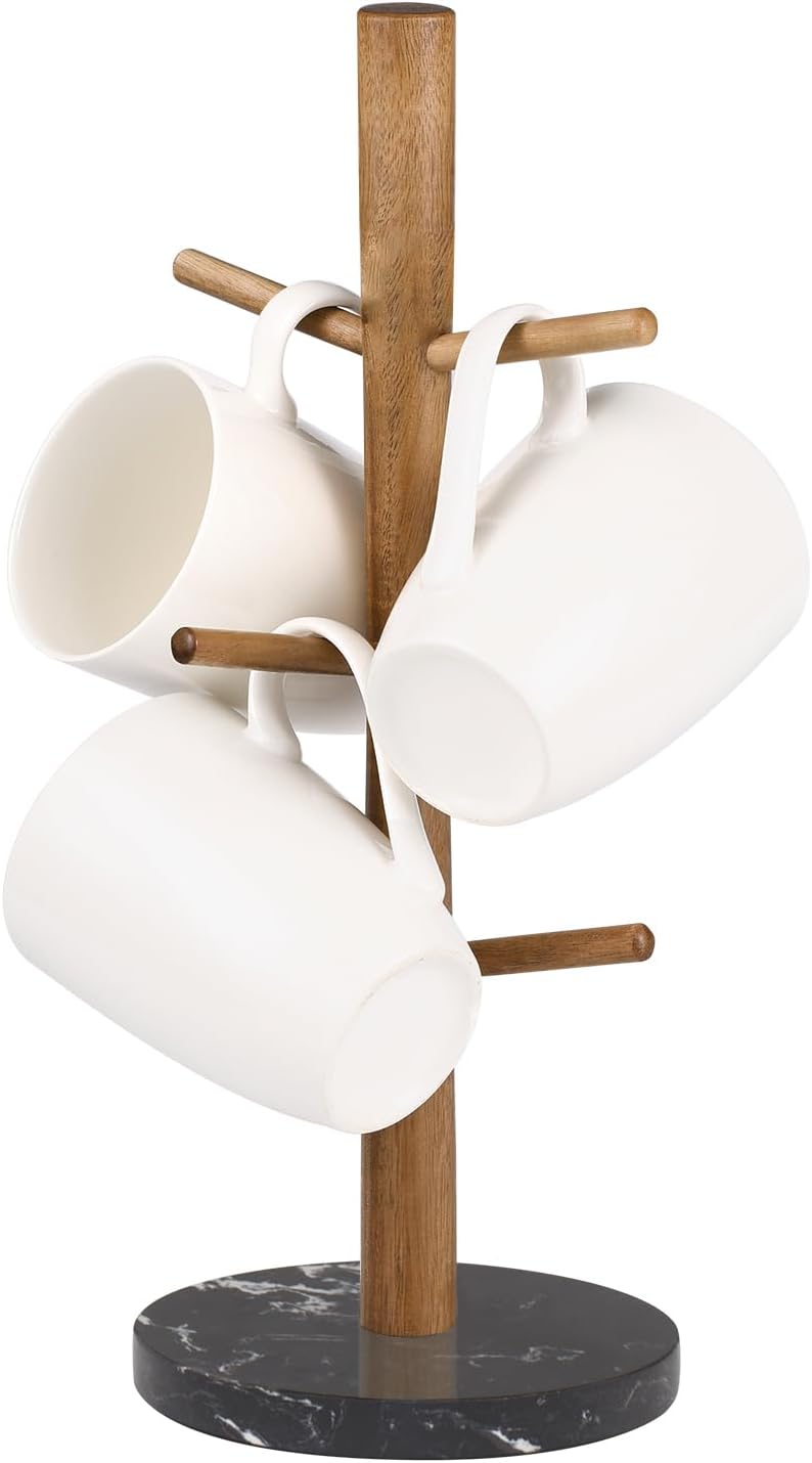 Buruis Acacia Wood Mug Holder with Marble Base, 6 Hook Mug Tree, White
