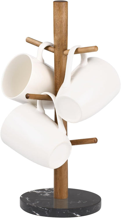 Buruis Acacia Wood Mug Holder with Marble Base, 6 Hook Mug Tree, White