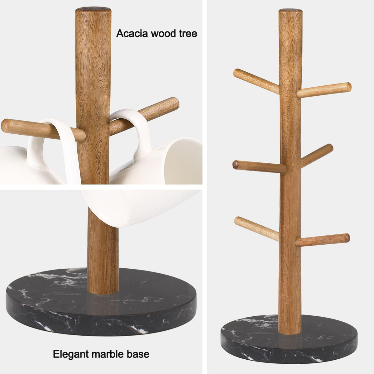 Buruis Acacia Wood Mug Holder with Marble Base, 6 Hook Mug Tree, White
