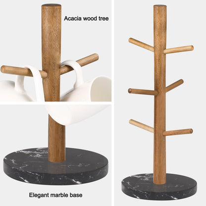 Buruis Acacia Wood Mug Holder with Marble Base, 6 Hook Mug Tree, White