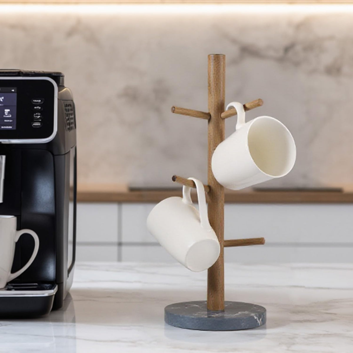 Buruis Acacia Wood Mug Holder with Marble Base, 6 Hook Mug Tree, White