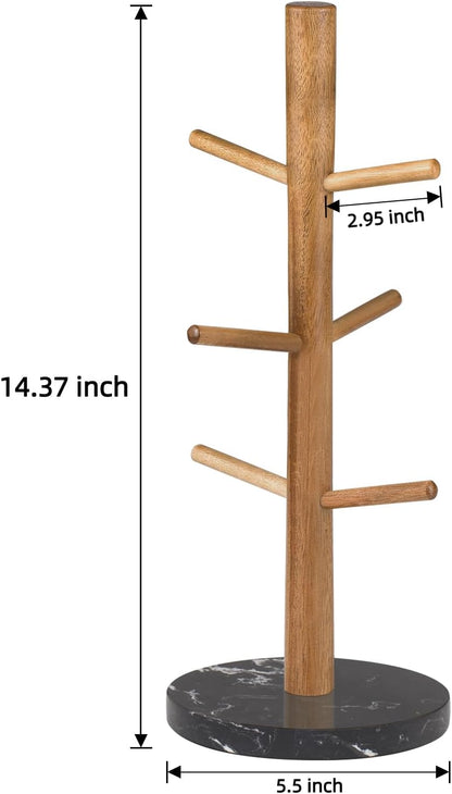 Buruis Acacia Wood Mug Holder with Marble Base, 6 Hook Mug Tree, White