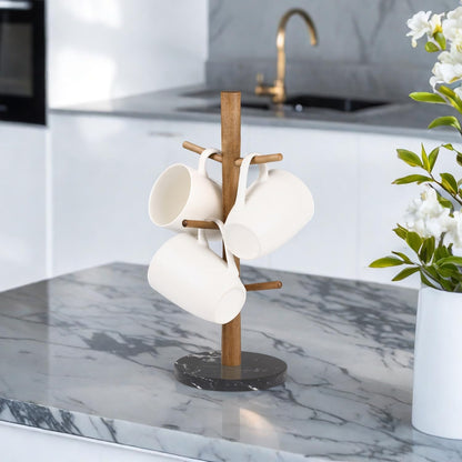 Buruis Acacia Wood Mug Holder with Marble Base, 6 Hook Mug Tree, White