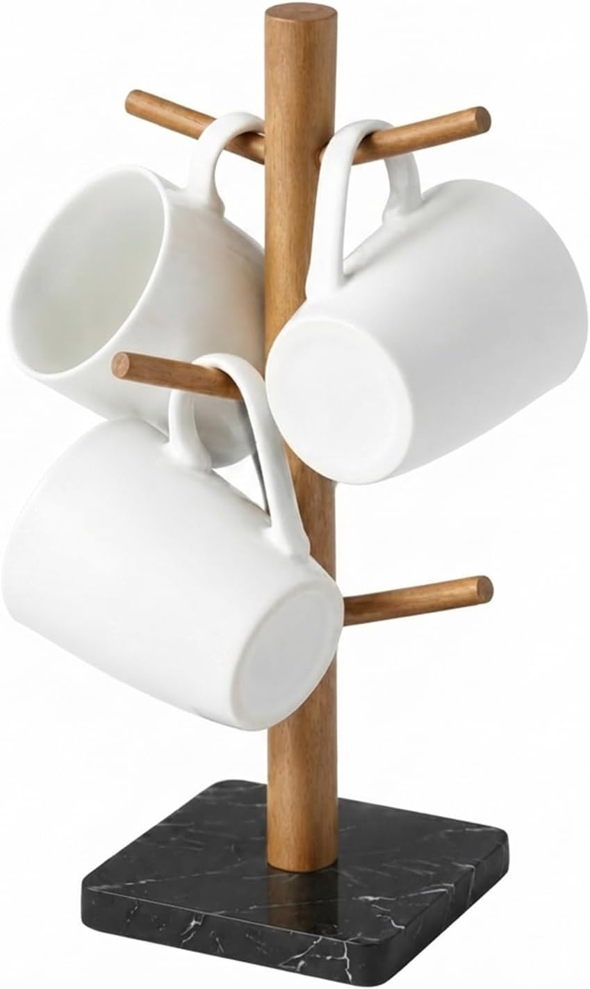 Buruis Acacia Wood Mug Holder with Marble Base, 6 Hook Mug Tree, White