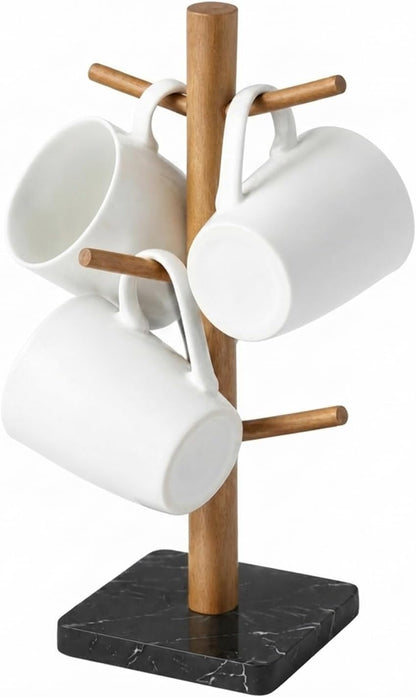 Buruis Acacia Wood Mug Holder with Marble Base, 6 Hook Mug Tree, White