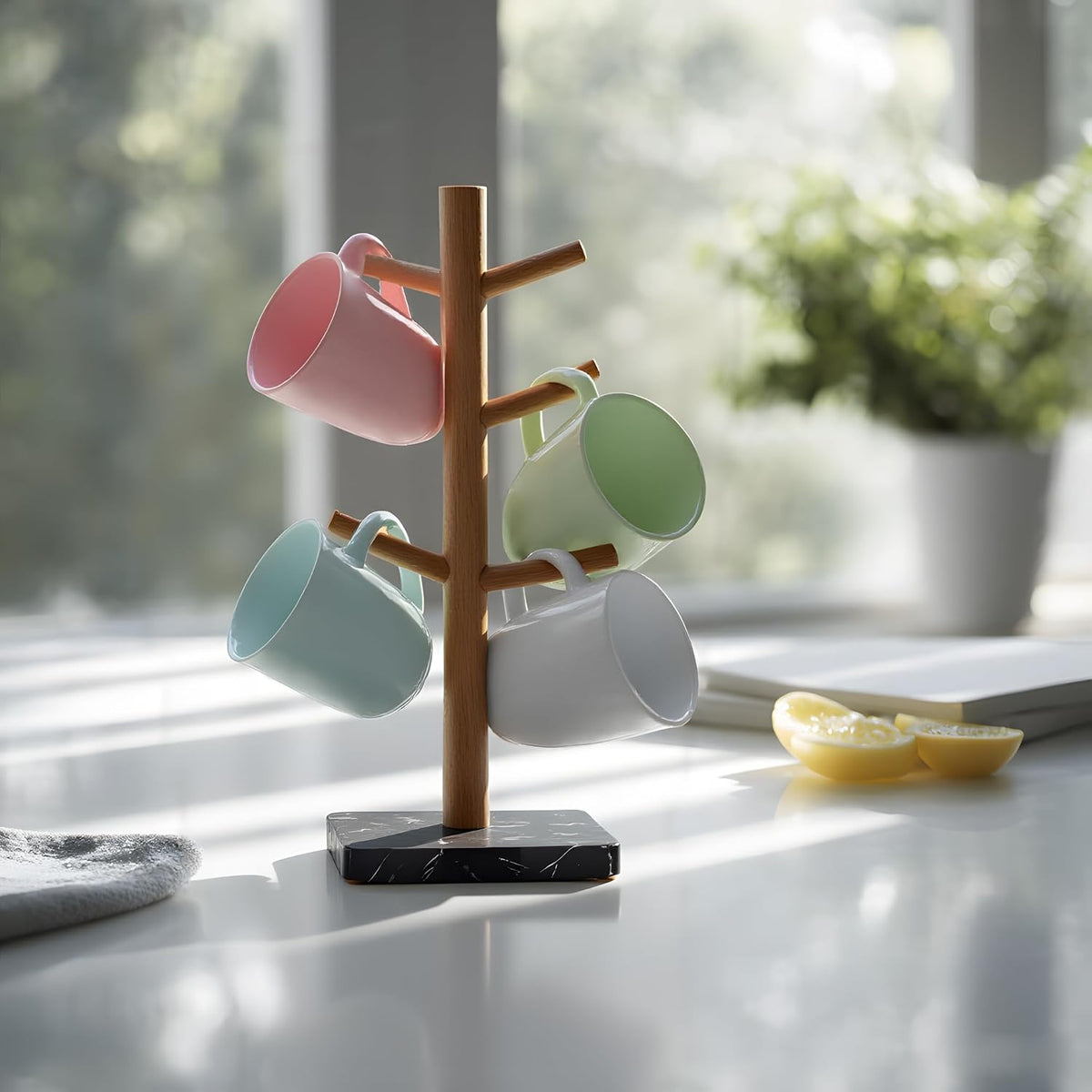Buruis Acacia Wood Mug Holder with Marble Base, 6 Hook Mug Tree, White